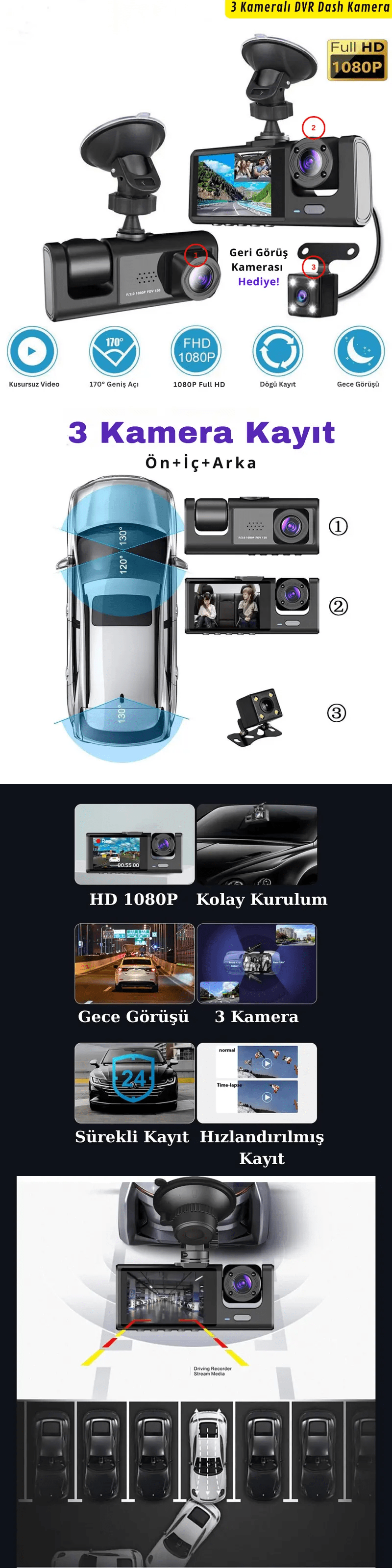 Olinman 3 Kameralı Wi-Fi Araç İçi Kamera